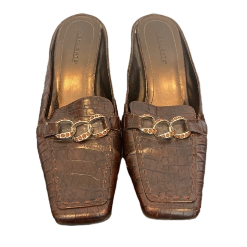 Highlights Faux Croc Brown Slide Loafer Heels with Square Toe Chain Detail  - 9